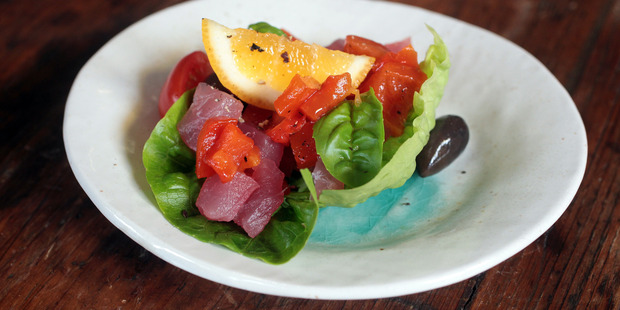 Fresh tuna with tomato onion and red pepper. Photo / Doug Sherring