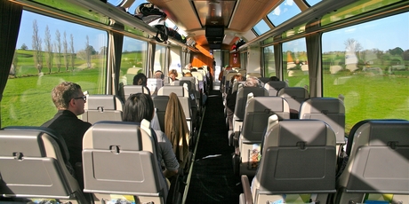 The interior of the train's new carriages is light, airy, comfortable and with big sightseers' windows.