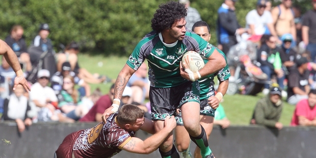 New Zealand Maori league player Jay Pukepuke makes a break through the Murri Queensland Indigenous side's defensive line during his team's 34-16 win at Puketawhero Park. Photo / Andrew Warner
