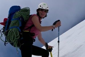 Heather Rhodes, 36, who fell 300m down a glacier, remains in a serious condition in hospital.