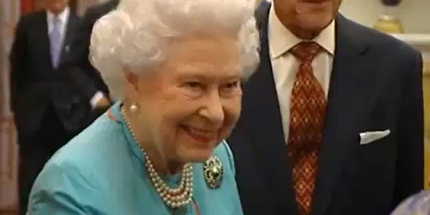 The Queen wore the blue pearl and gold brooch at a private reception last week.