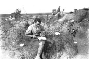 Gallipoli VC winner Cyril Bassett enjoys breakfast on the Western Front in August 1918.
