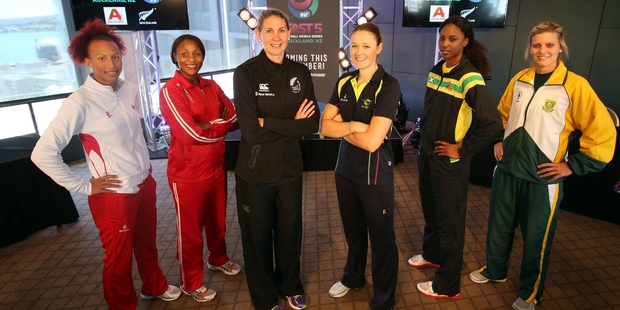 England's Serena Guthrie, Malawi's Caroline Mtukule, New Zealand's Casey Kopua, Aussie Susan Pratley, Jamaica's Malysha Kelly and South Africa's Maryka Holtzhausen at the captains' call. Photo / Michael Bradley