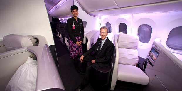 Air New Zealand programme director Kerry Reeves with in flight service manager Priyanka Girish inside the model of the new Air New Zealand Boeing 787 Dreamliner. Photo / Dean Purcell