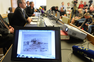 An artwork of Antonio Canaletto is shown on a computer screen during a news conference in Augsburg, southern Germany, on the art found in Munich. Photo / AP