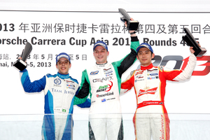 Earl Bamber (middle) on the podium was on fire at the weekend. Picture / Supplied