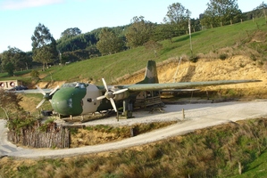 A 1950s Bristol Freighter aircraft (left) holds two self-contained accommodation units.