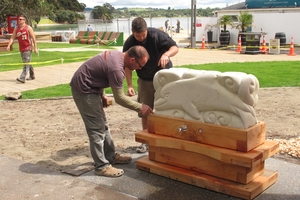 TRANSFORMATION: Craig McInnes (left) and Sean Duke of CMC Design in Opua put the finishing touches to a dolphin drinking fountain.PHOTO/PETER DE GRAAF