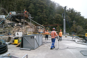 Solid Energy crew on the vent shaft platform, preparing for the first helicopter-lifted load of concrete.