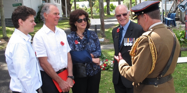 Youdale family members (from left) Nikolaus Youdale, great-nephew Philip Youdale and Clarissa Budimir, with Defence Force medals adviser Jack Hayes and British High commission representative Lieutenant Colonel Tim Woodman.