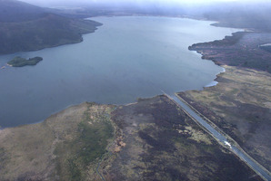 2003 aerial view showing Lake Rotoaira and the feed for the Tongariro Hydro Electricity Tunnel, near Turangi.