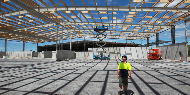 The sheer size of Tui Products' new building at Te Maunga dwarfs site foreman James Reynolds. Photo / John Borren