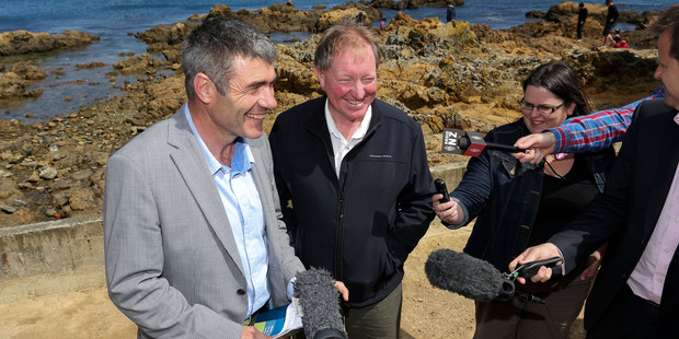 Minister of Conservation, Dr Nick Smith, and Minister for Primary Industries, Nathan Guy, talk to media about the release of the Government's plan to ban shark finning. Photo / Hagen Hopkins