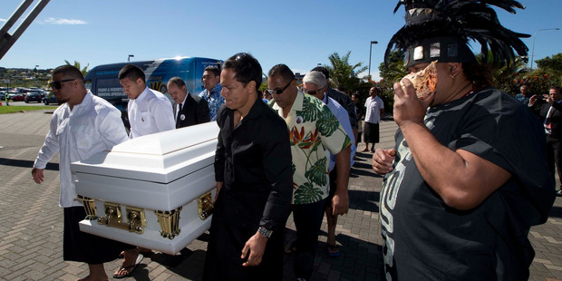 Samoan rugby legend Peter Fatialofa's coffin is carried into the Vodafone Events Centre, Manukau, during his funeral. Photo / Brett Phibbs