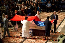 The Manu Samoan flag is draped over Samoan rugby legend Peter Fatialofa's coffin during his funeral on Wednesday. Photo / Brett Phibbs