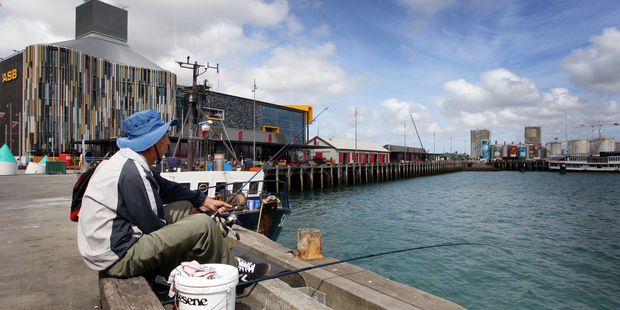 A man fishes at Wynyard Quarter on Auckland's waterfront. Photo / Doug Sherring