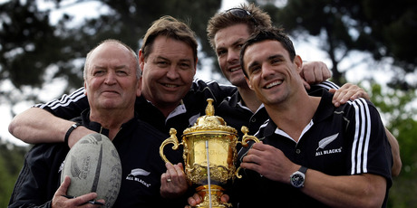 All Black coach Graham Henry, assistant coash Steve Hansen, captain Richie McCaw and Dan Carter with the Webb Ellis Cup at the parade. Photo / NZH