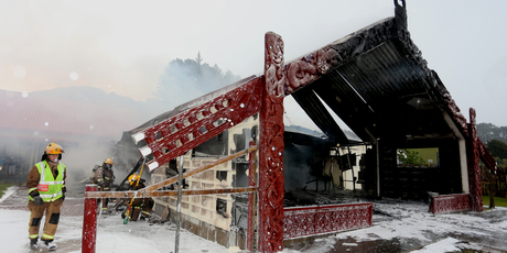 The damage to Mokau marae wharenui is extensive and believed to have started in a pile of mattresses.