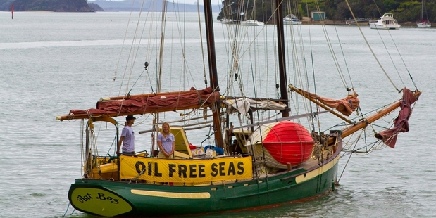 Ratbag leaves Opua to join a protest flotilla heading to an oil drilling site off the west coast. Photo / Richard Simkins