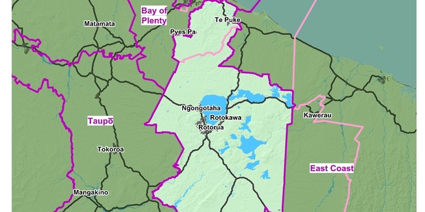 PROPOSED CHANGES: Rotorua's possible new-look electoral boundaries. The purple line is the proposed boundary, the pink line is the current boundary. PHOTO/SUPPLIED