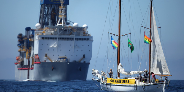 SV Vega confronts the Noble Bob Douglas drilling ship on the site where oil giant Anadarko intends to start exploratory drilling for deep sea oil. The drill site is over 100 nautical miles off Raglan,