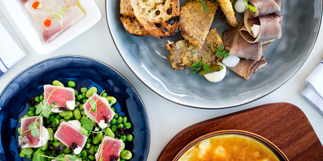 Kinfish crudo, ox tongue two ways, smoked kahawai omelette and seared yellowfin tuna at new Bistro and Brasserie Ostro in Britomart. Photo / Babiche Martens.