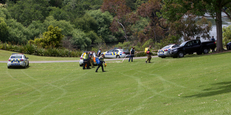 The scene where a woman drove her car off the bank into the Waikato River. Photo / Christine Cornege.