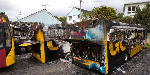 The Go Wellington buses gutted by fire in their Karori depot. Photo / Mark MItchell