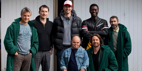 From left, Shane Cortese, Cohen Holloway, Millen Baird, Jimmy Fletcher, Brian Manthenga, Martin Henderson and Mark Scott cameo in <i>Auckland Daze</i>.