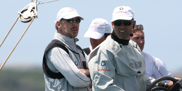 Larry Ellison and Russell Coutts on BMW Oracle Racing in the Louis Vuitton Pacific Series yachting regatta on Auckland's Waitemata Harbour.