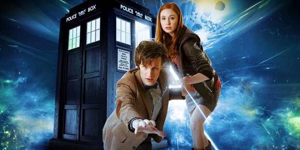 Doctor Who actors Matt Smith and Karen Gillan with the Tardis.