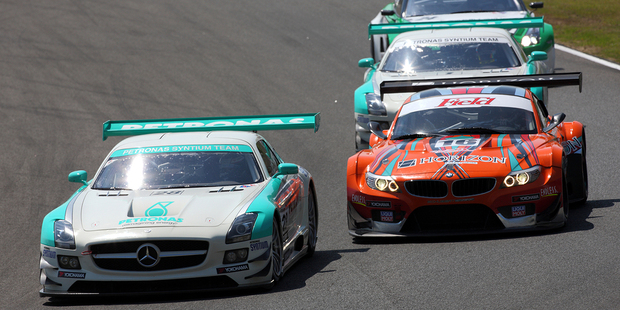 Jono Lester (front) racing in Japan in his Mercedes-Benz SLS AMG.
