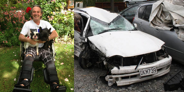 AJ Hackett has two broken ankles and a wrecked car after the crash. Photo / Mountain Scene
