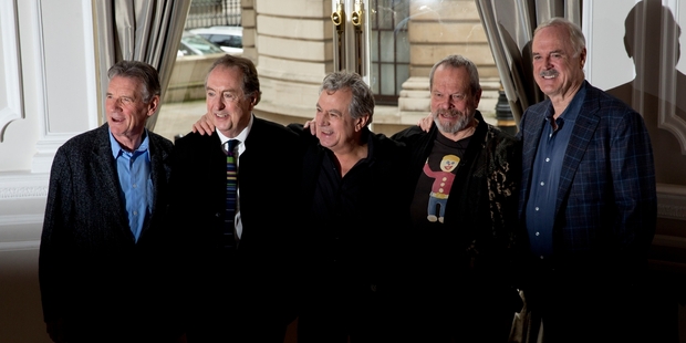 The surviving members of the Monty Python comedy group (from left) Michael Palin, Eric Idle, Terry Jones, Terry Gilliam and John Cleese prepare for their comeback show. Photo / AP
