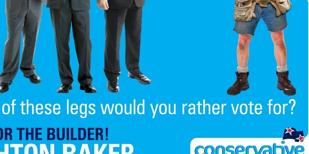 The Conservative Party's Leighton Baker, whose legs appear in his billboard, is the only candidate who stood in the electorate at the last election.