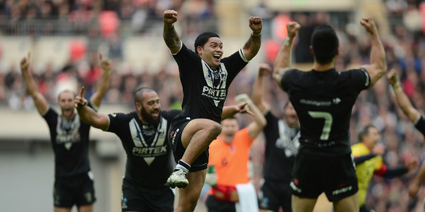 Issac Luke of New Zealand celebrates victory during the Rugby League World Cup Semi Final match between New Zealand and England. Photo / Getty Images.