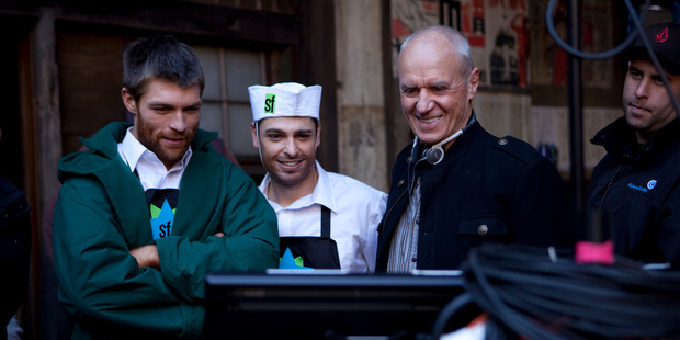 Alan Dale, second from right, during filming for 'Auckland Daze'.