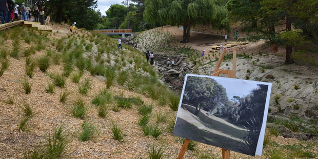 The mounted picture shows Wai Tahurangi Stream before the project. Photo / Meg Liptrot