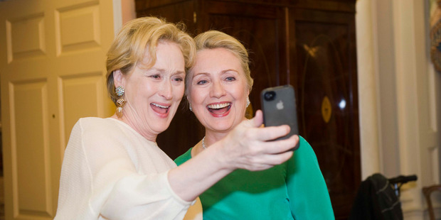 Actress Meryl Streep, left, poses for a joint "selfie" with former US Secretary of State Hillary Clinton. Photo / Supplied.