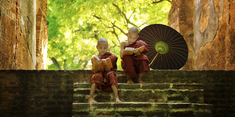 Buddhist monks reading outdoors.
