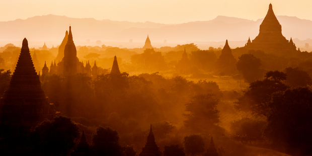 Temples in the moody light of early evening in Bagan, Myanmar.