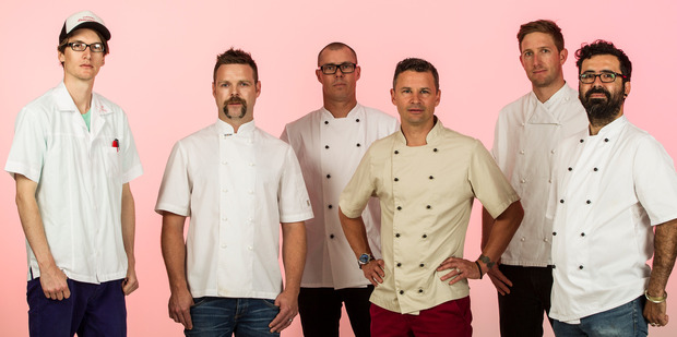 Chefs cooking at Big Day Out. (L-R) Kyle Street, Ben Bayly, Che Barrington, Nic Watt, Sam Campbell and Javier Carmona. Photo / HOS