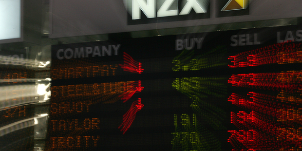 New Zealand stock exchange display board in the foyer of Quay Towers in central Auckland. Photograph / Brett Phibbs