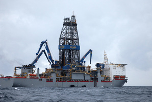 The drillship Noble Bob Douglas in the preparation stages for drilling. Photo / Greenpeace