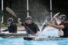 Three New Zealand representatives, Sophie Winton, Mitch Graham and Eric Gurden, complete some speed training in the buildup to this weekend's Havelock North Canoe Polo Club's annual 3-a-side tournament. Photo/Duncan Brown. Three New Zealand representatives, Sophie Winton, Mitch Graham and Eric Gurden, complete some speed training in the buildup to this weekend's Havelock North Canoe Polo Club's annual 3-a-side tournament. Photo/Duncan Brown.