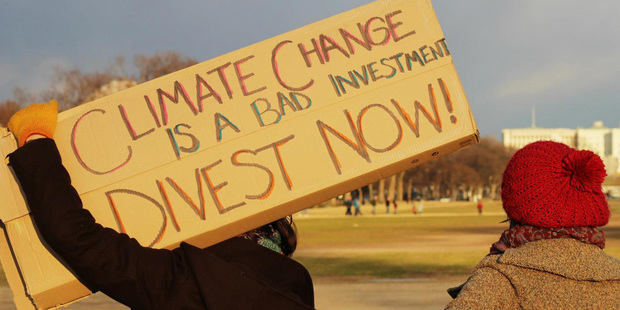 Protestors campaigning against fossil fuel investments. Photo / Chris Dennis