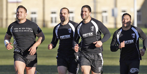 Jared Waerea-Hargreaves, Simon Mannering, Jesse Bromwich and Alex Glenn train at the rugby league World Cup. Photo / Getty Images