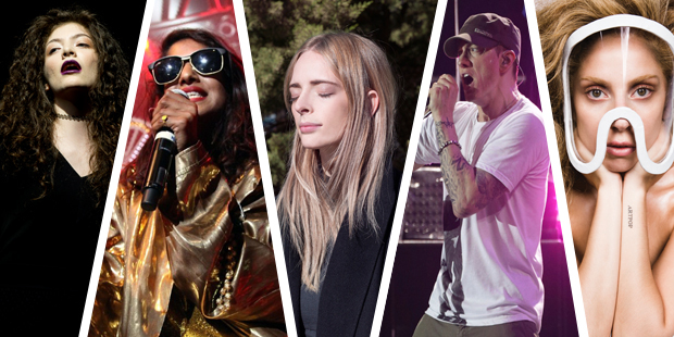Lorde, M.I.A., Watercolours, Eminem and Lady Gaga. Photo / NZH, AFP, Supplied, AP