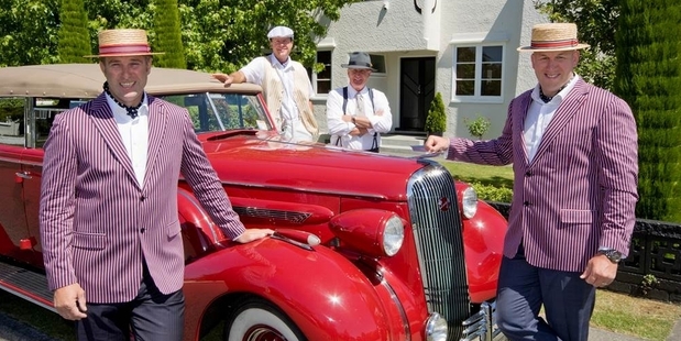 Art Deco Weekend principal sponsors Simon Tremain, left, and Cam Ward, with associate sponsor Darren Diack, left rear, and newly appointed ambassador Neville Smith.