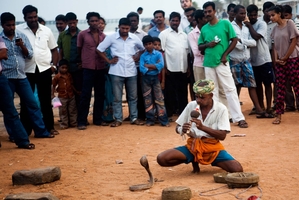 A snake charmer in Pondicherry dances a deadly two-step with a cobra. Photo / Derek Cheng